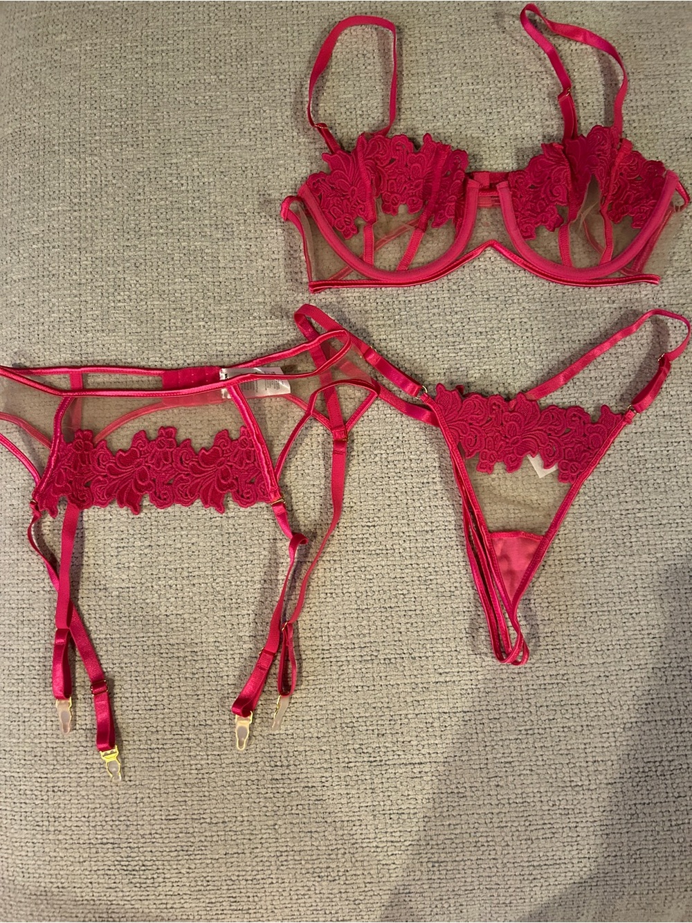 Fashion Nova Hot Pink Lace Underwire Bra Panty & Garter Set🩷 NWOT 🩷 - Picture 4 of 5